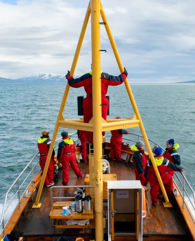 Several U N E students stand at the back of a boat on whale watch in Iceland